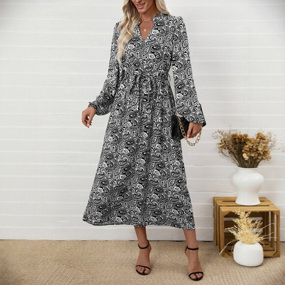 2/$40 Black & White Boho Paisley V-Neck Midi Dress Long Sleeve Belt Tie Waist XL - Picture 1 of 11